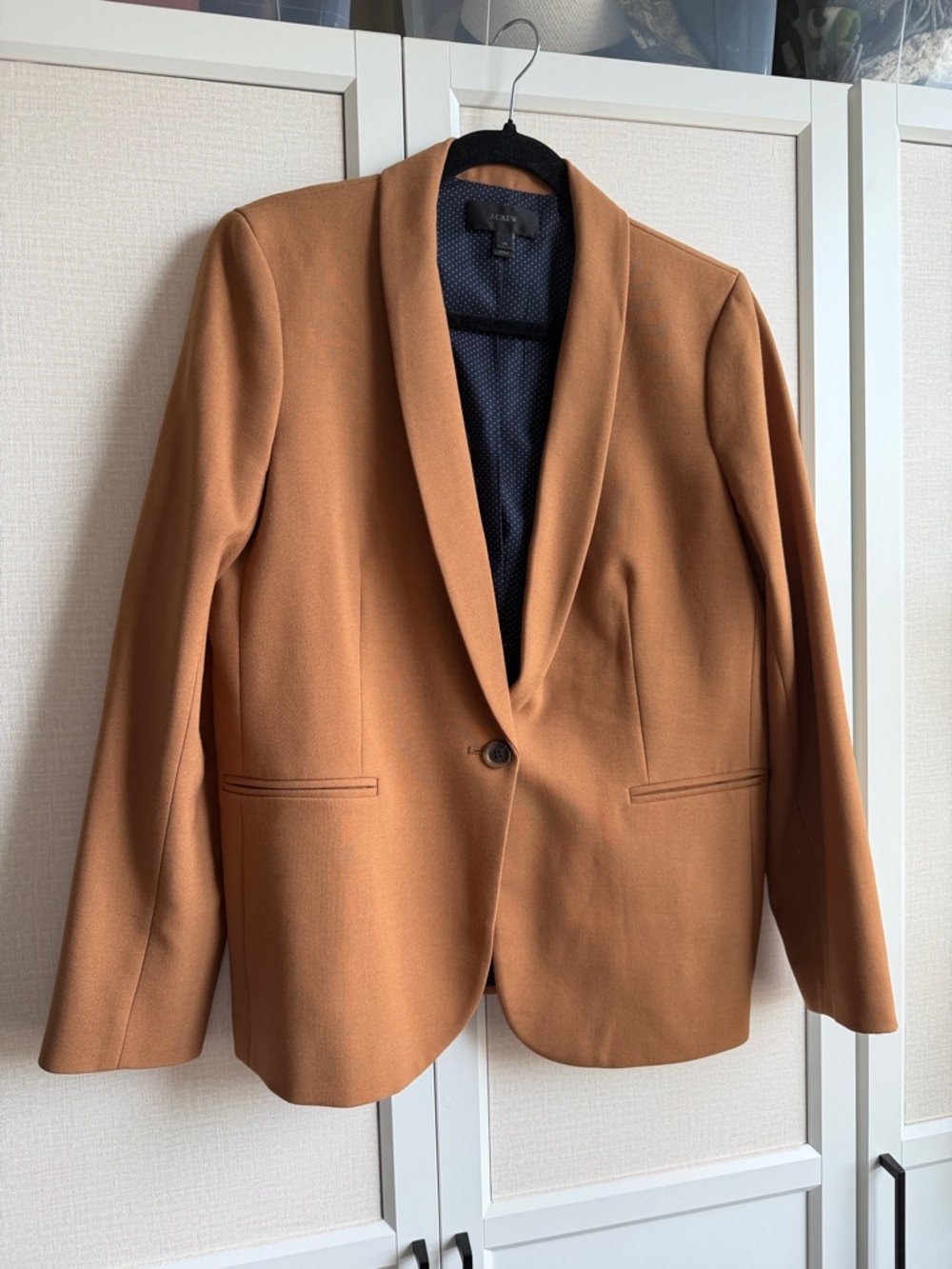 J. Crew Camel Blazer with Navy Polka Dot Lining